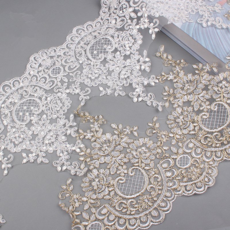 21 cm Wide Tablecloth Home Textile Dress Embroidery Sequin Gold and White Lace Trim