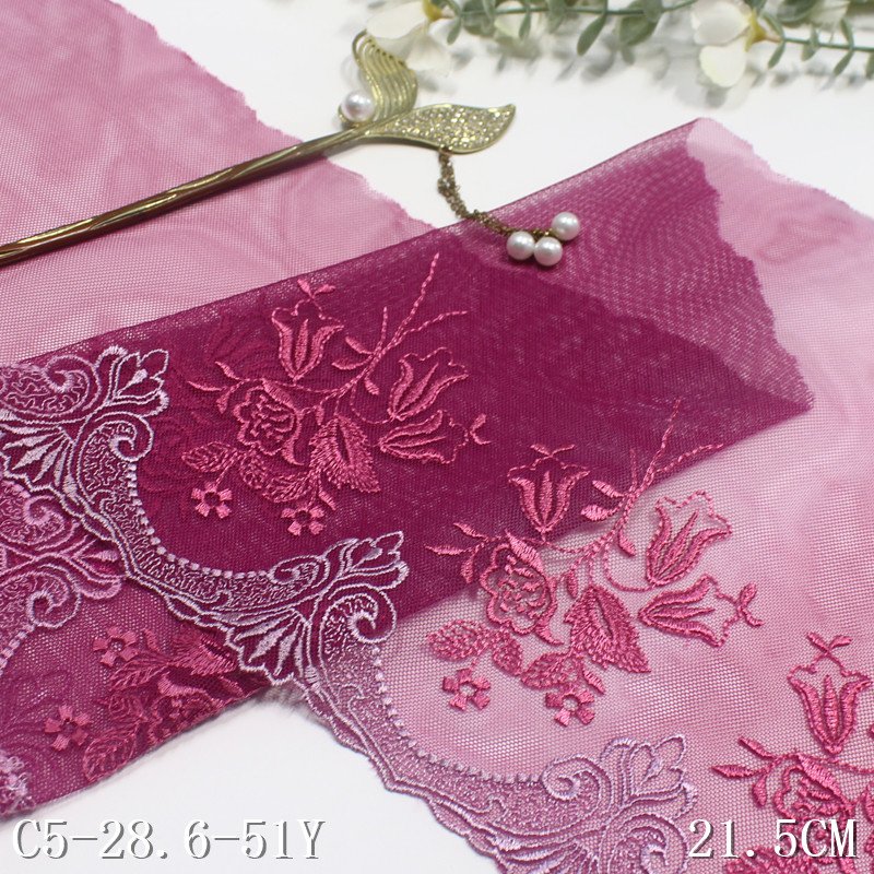 Elegant 21CM purple Tulle Flower Pattern Voile Lace Trim Fabric Embroidery mesh encaje bordado Lace For Women Prom Dress