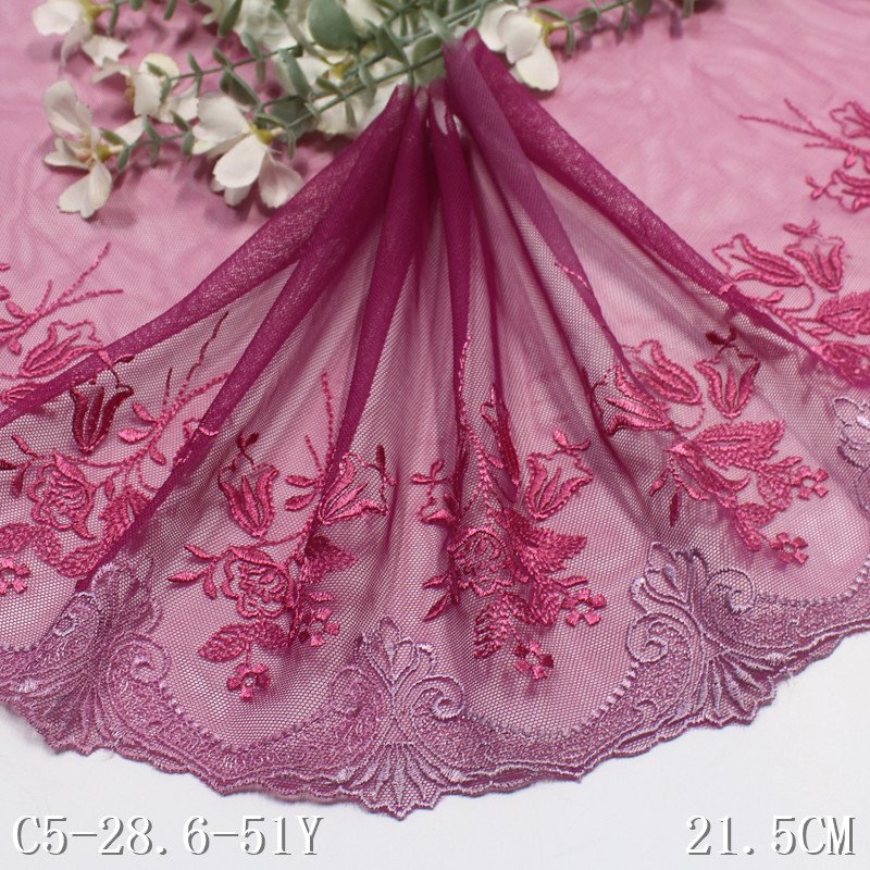 Elegant 21CM purple Tulle Flower Pattern Voile Lace Trim Fabric Embroidery mesh encaje bordado Lace For Women Prom Dress