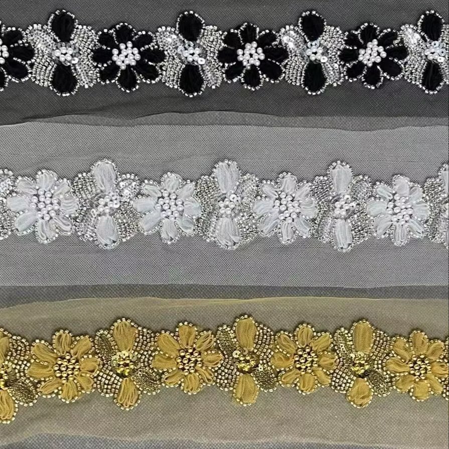 ZSY Wholesale Embroidery Chemical Applique Trimming Lace Embroidered Mesh Polyester silver Beaded Sequin Lace Trim For Dress