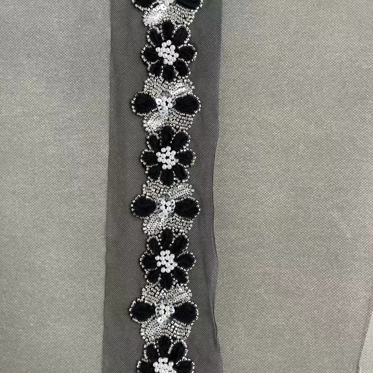 ZSY Wholesale Embroidery Chemical Applique Trimming Lace Embroidered Mesh Polyester silver Beaded Sequin Lace Trim For Dress