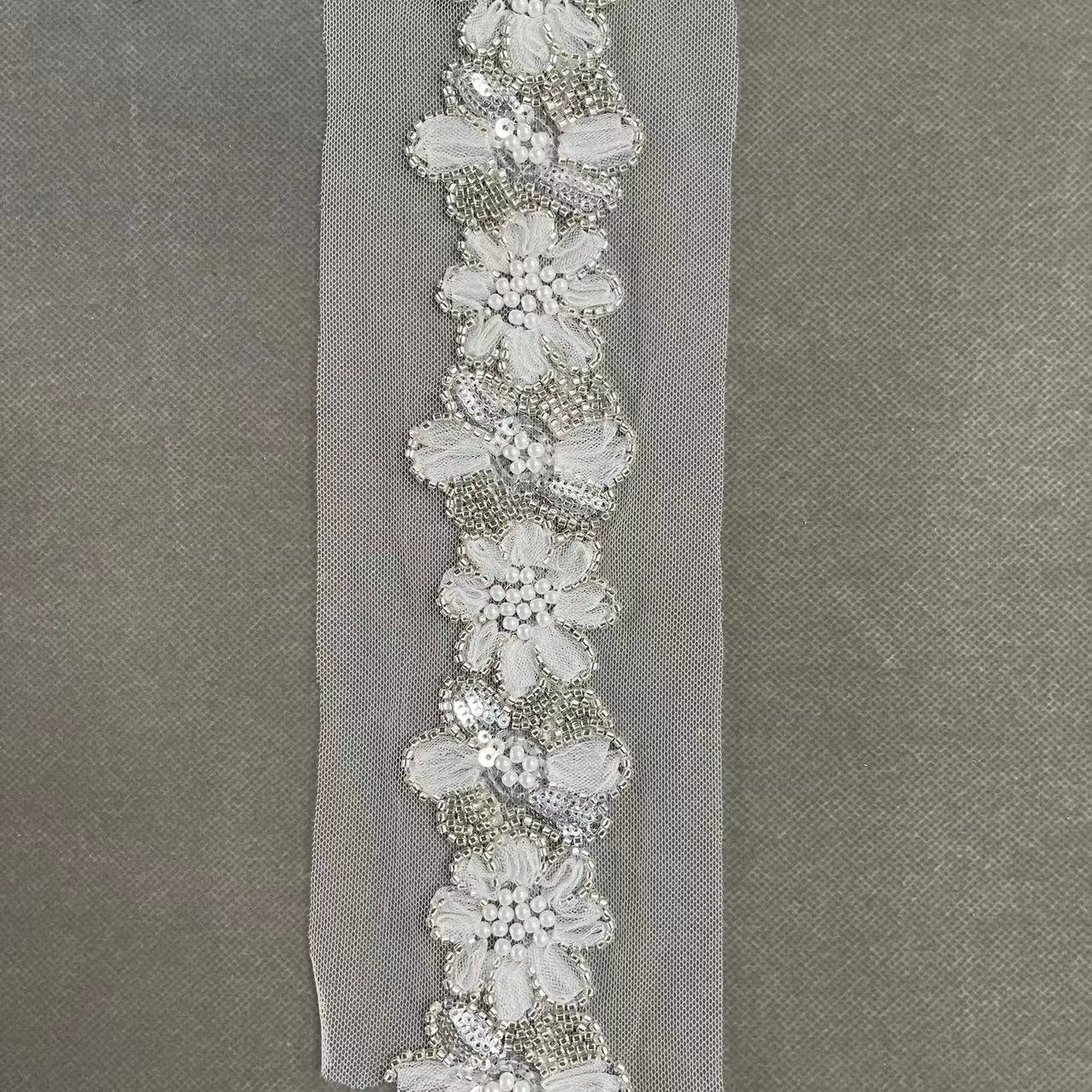 ZSY Wholesale Embroidery Chemical Applique Trimming Lace Embroidered Mesh Polyester silver Beaded Sequin Lace Trim For Dress