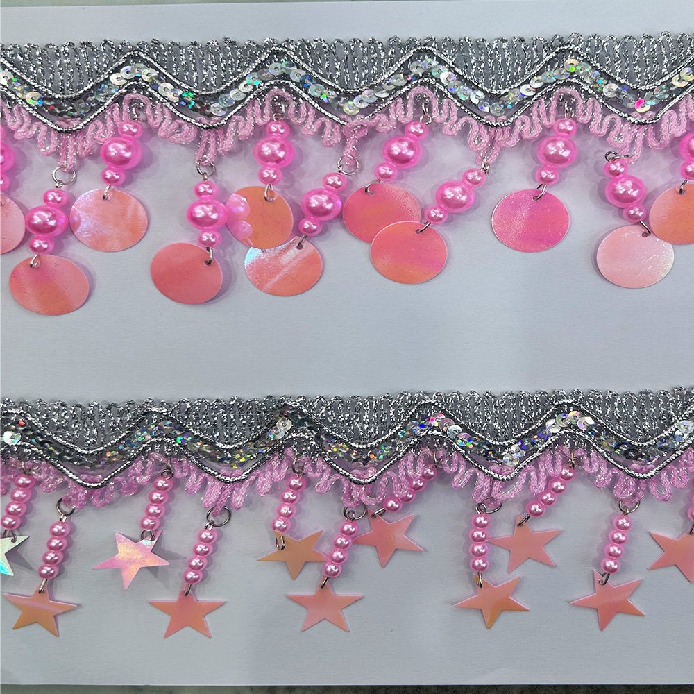 Wholesale Custom Pink Round Trimming Sequins Beaded Lace Trims Star Sequin Trim For Clothing