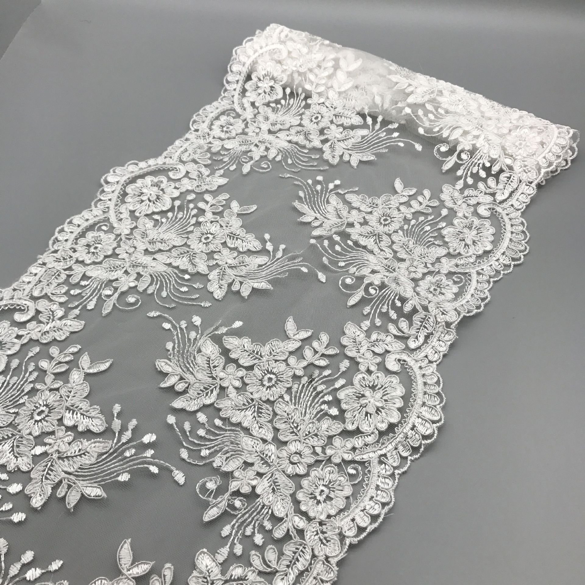 New Quality White doubling piece Embroidery Chantilly Lace Fabric Border Lace Trim For Bridal Wedding Dress