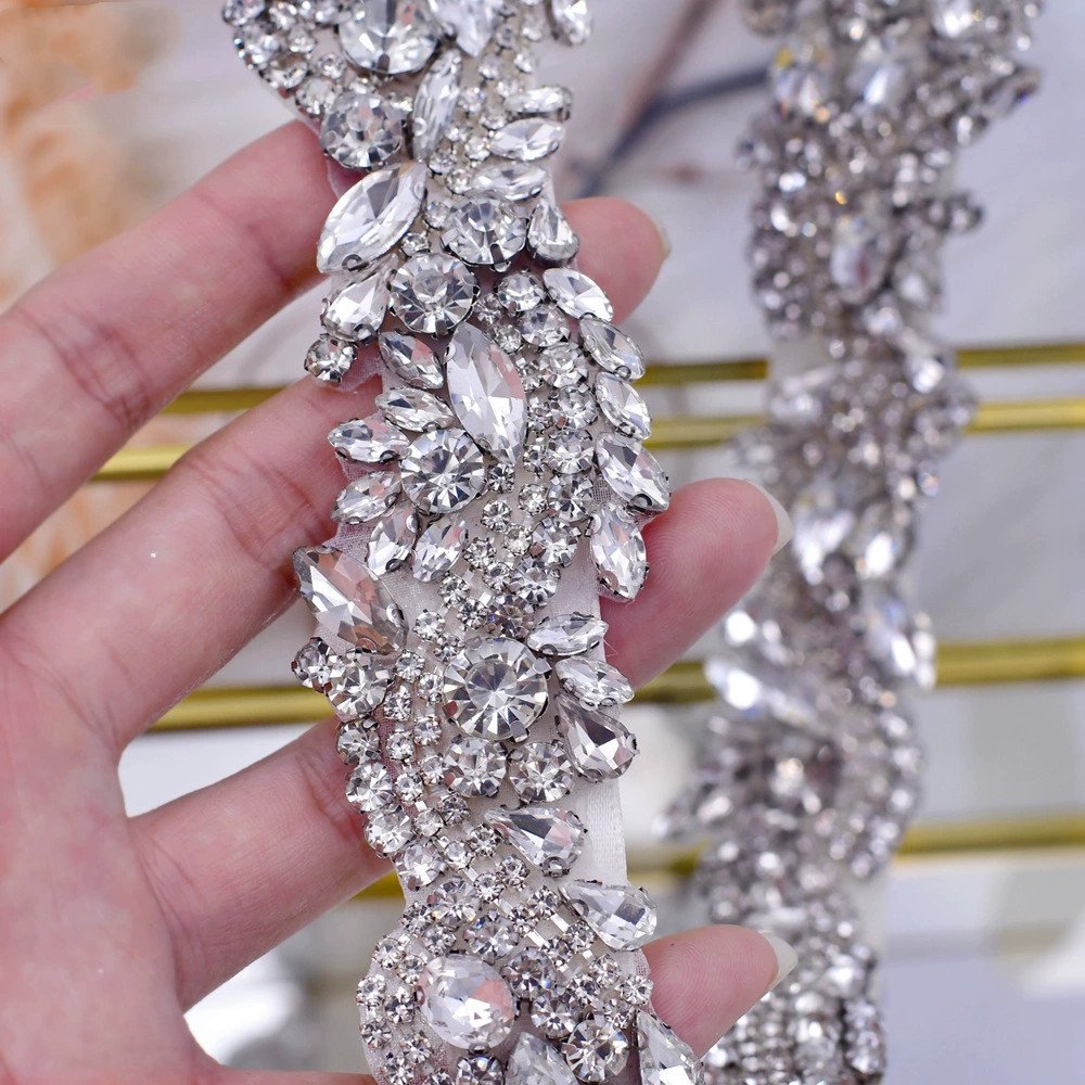 Cheerfeel 2022 new design Iron on Crystal pearl rhinestone patch wedding belt Trimmings Rhinestone Applique for Bridal dress