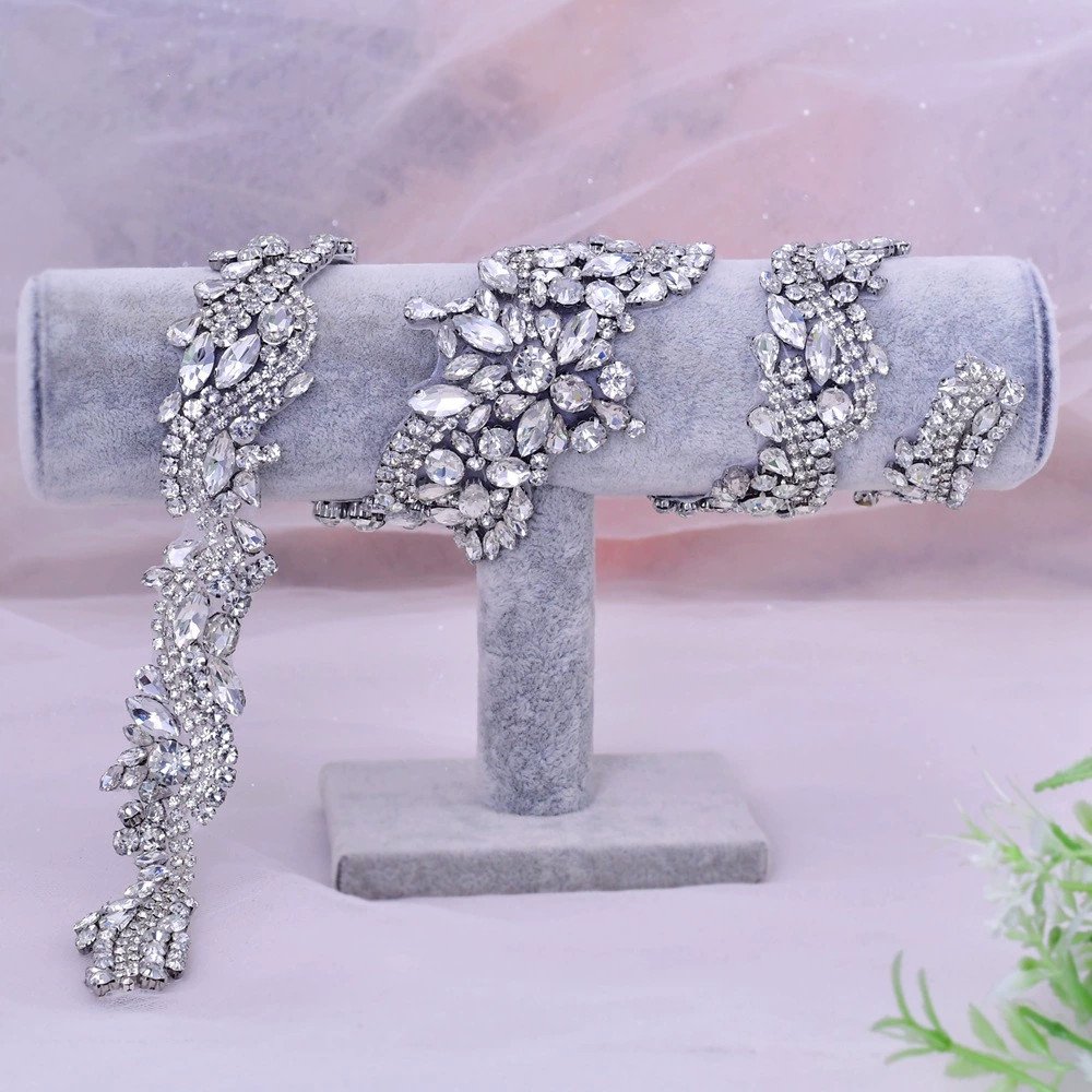 Cheerfeel 2022 new design Iron on Crystal pearl rhinestone patch wedding belt Trimmings Rhinestone Applique for Bridal dress