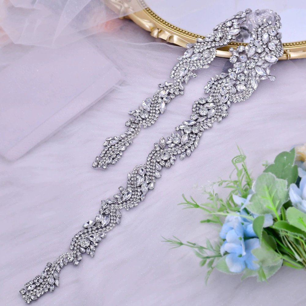 Cheerfeel 2022 new design Iron on Crystal pearl rhinestone patch wedding belt Trimmings Rhinestone Applique for Bridal dress
