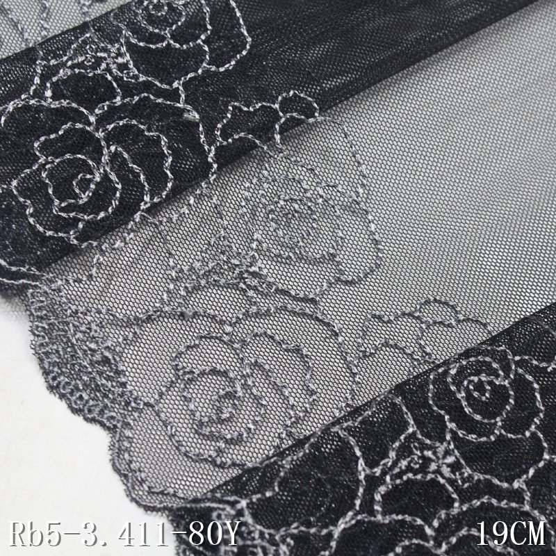 Simple Flower Lace for Women Embroidered Polyester Fabric 19cm Black Mesh Lace