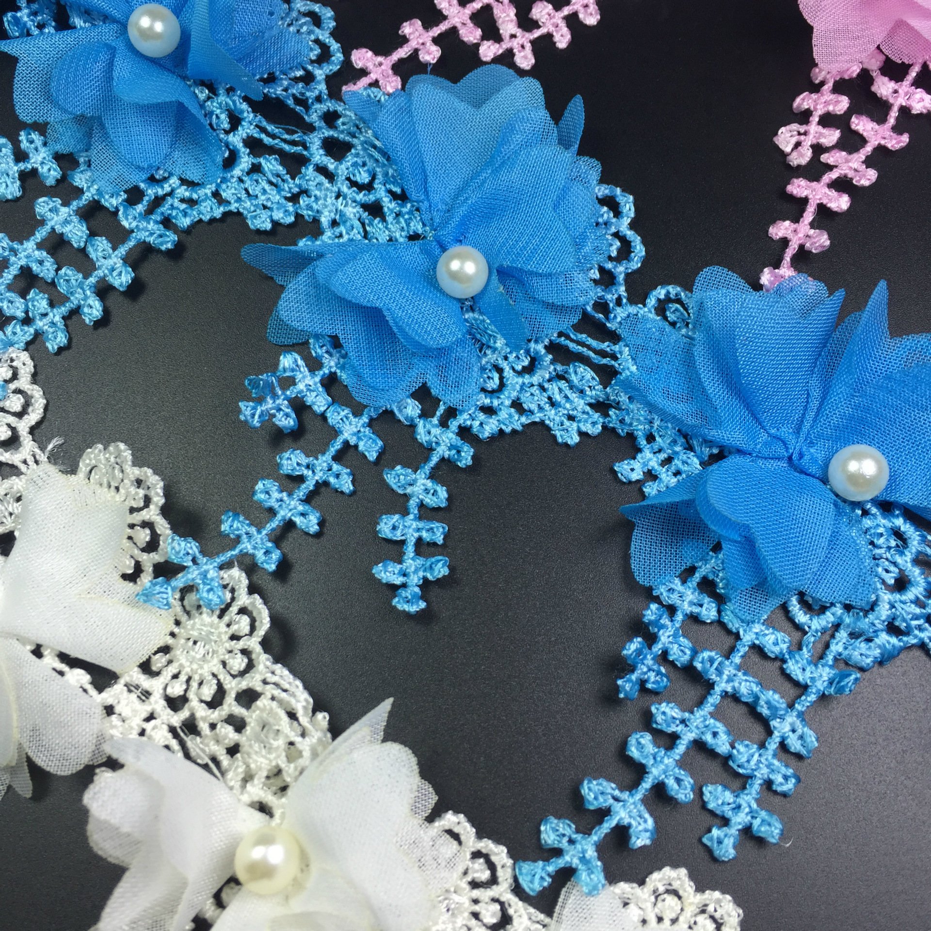 Wholesale multi-color 3D chiffon beads decorative accessories polyester lace trim 17 flowers per yard XF13
