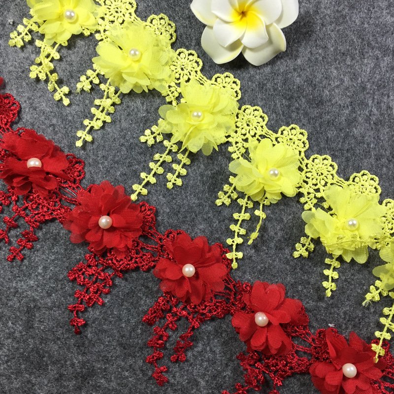Wholesale multi-color 3D chiffon beads decorative accessories polyester lace trim 17 flowers per yard XF13