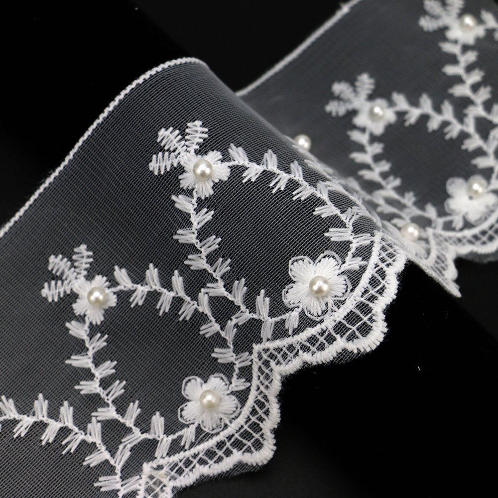 High Quality Wide Organza Lace Trim with Pearl