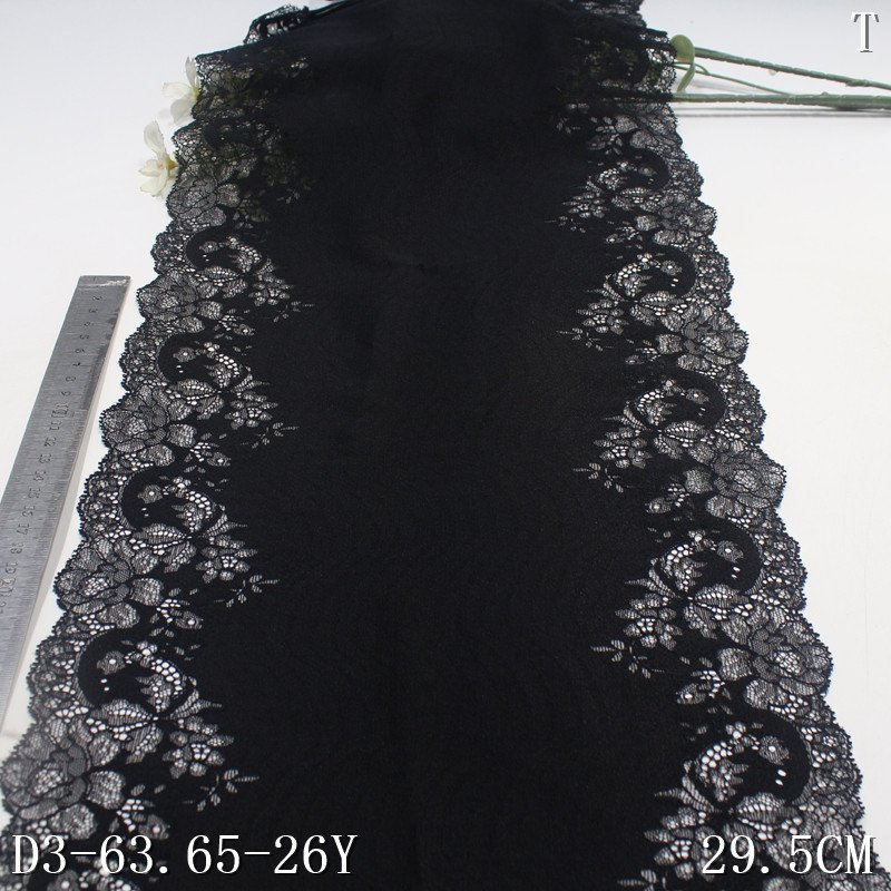 Custom soft 29cm thick Stretch spandex Lace Lingerie Trim Fabric Breathable black flower lace for ladies panties dress Fabric