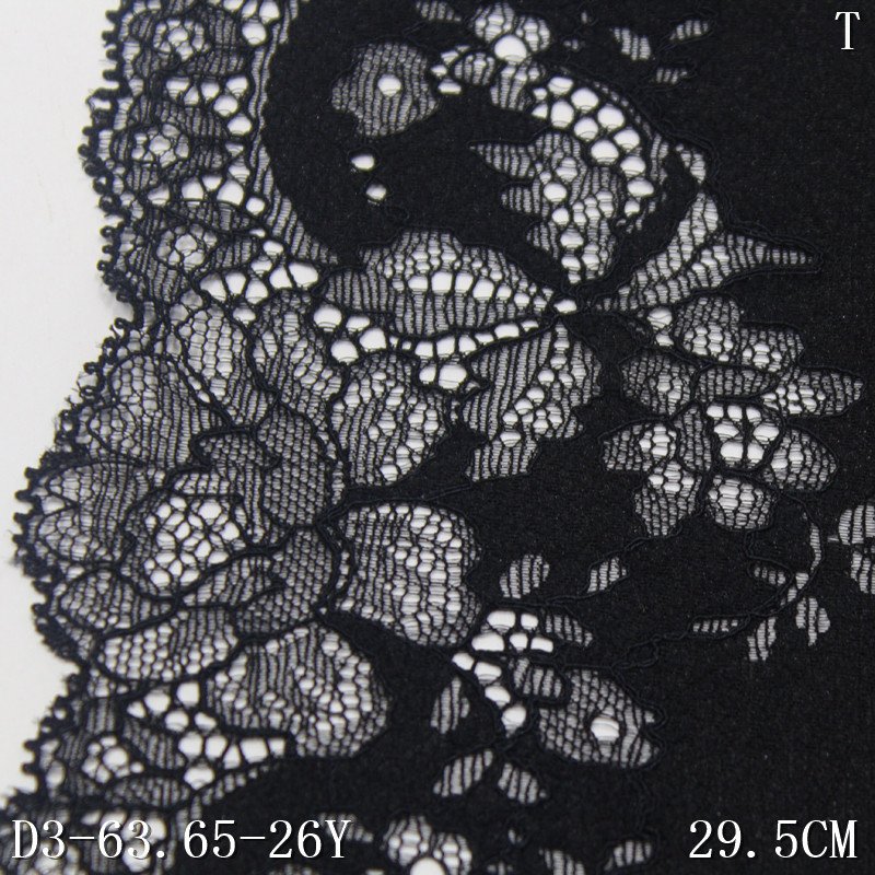 Custom soft 29cm thick Stretch spandex Lace Lingerie Trim Fabric Breathable black flower lace for ladies panties dress Fabric