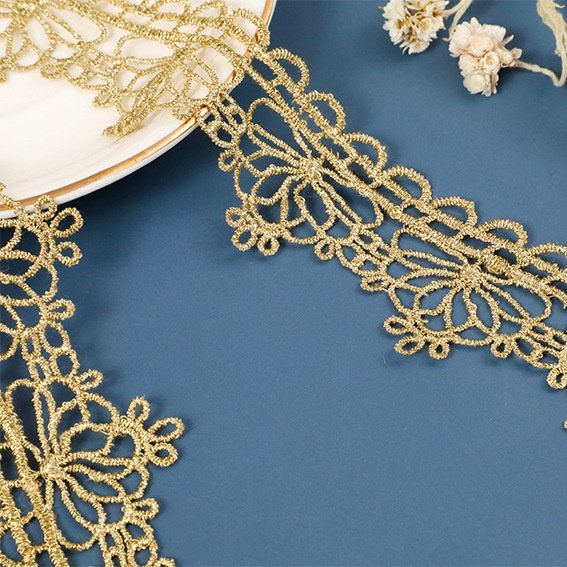 wholesale 35mm polyester golden hollowed out embroidery lace trim fabric for wedding dresses garment
