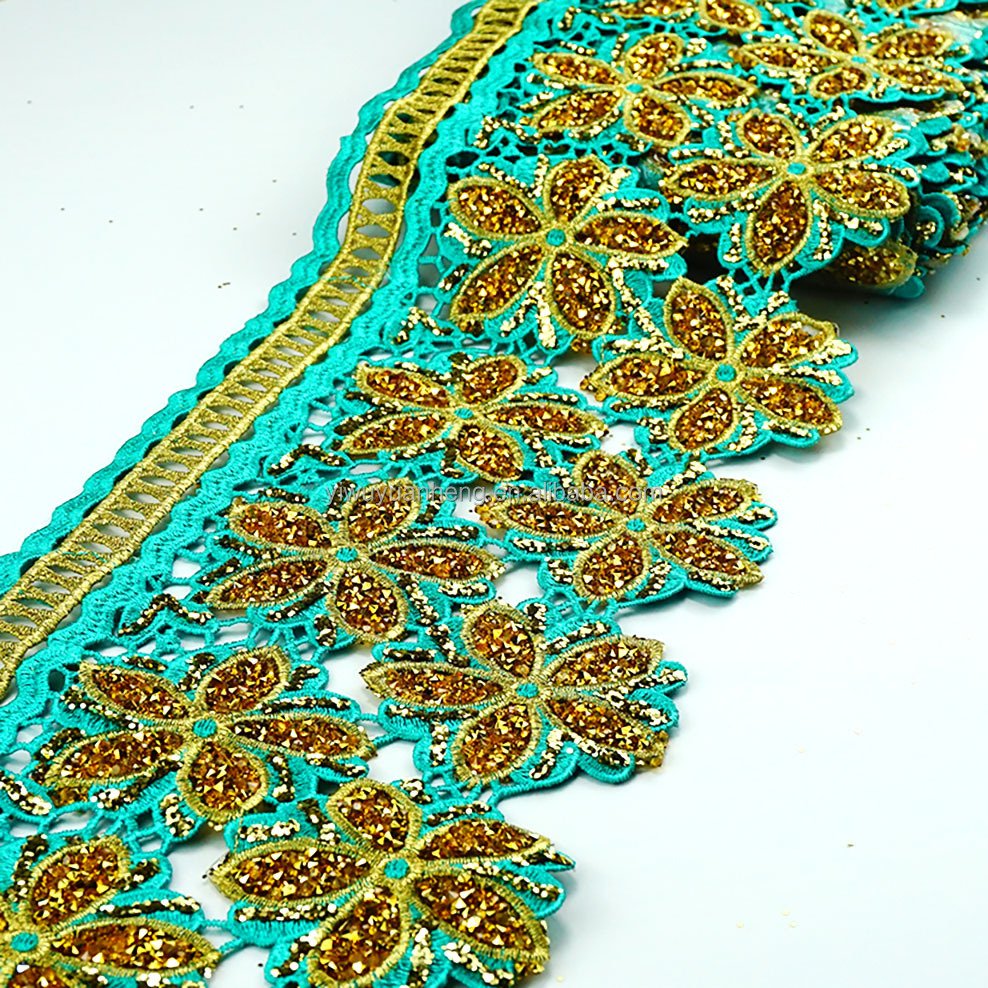 Factory Price 16cm Floral Venice Lace Hotfix Rhinestone Embroidered Guipure Trim for DIY Garment Accessories