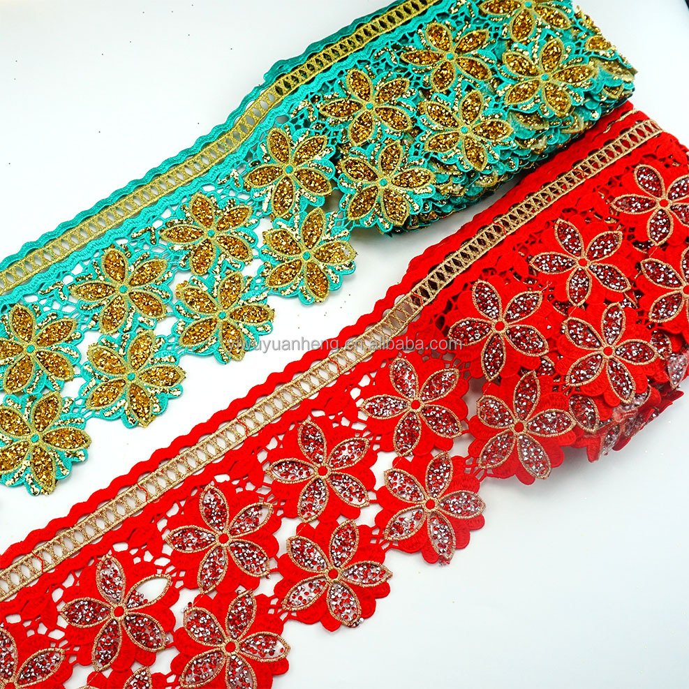 Factory Price 16cm Floral Venice Lace Hotfix Rhinestone Embroidered Guipure Trim for DIY Garment Accessories