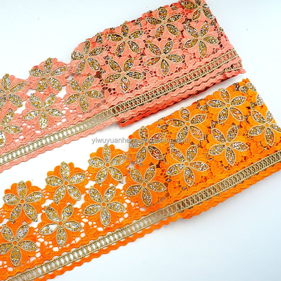 Factory Price 16cm Floral Venice Lace Hotfix Rhinestone Embroidered Guipure Trim for DIY Garment Accessories