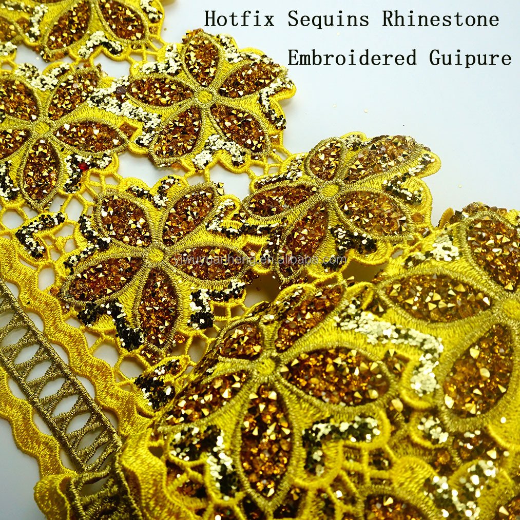Factory Price 16cm Floral Venice Lace Hotfix Rhinestone Embroidered Guipure Trim for DIY Garment Accessories