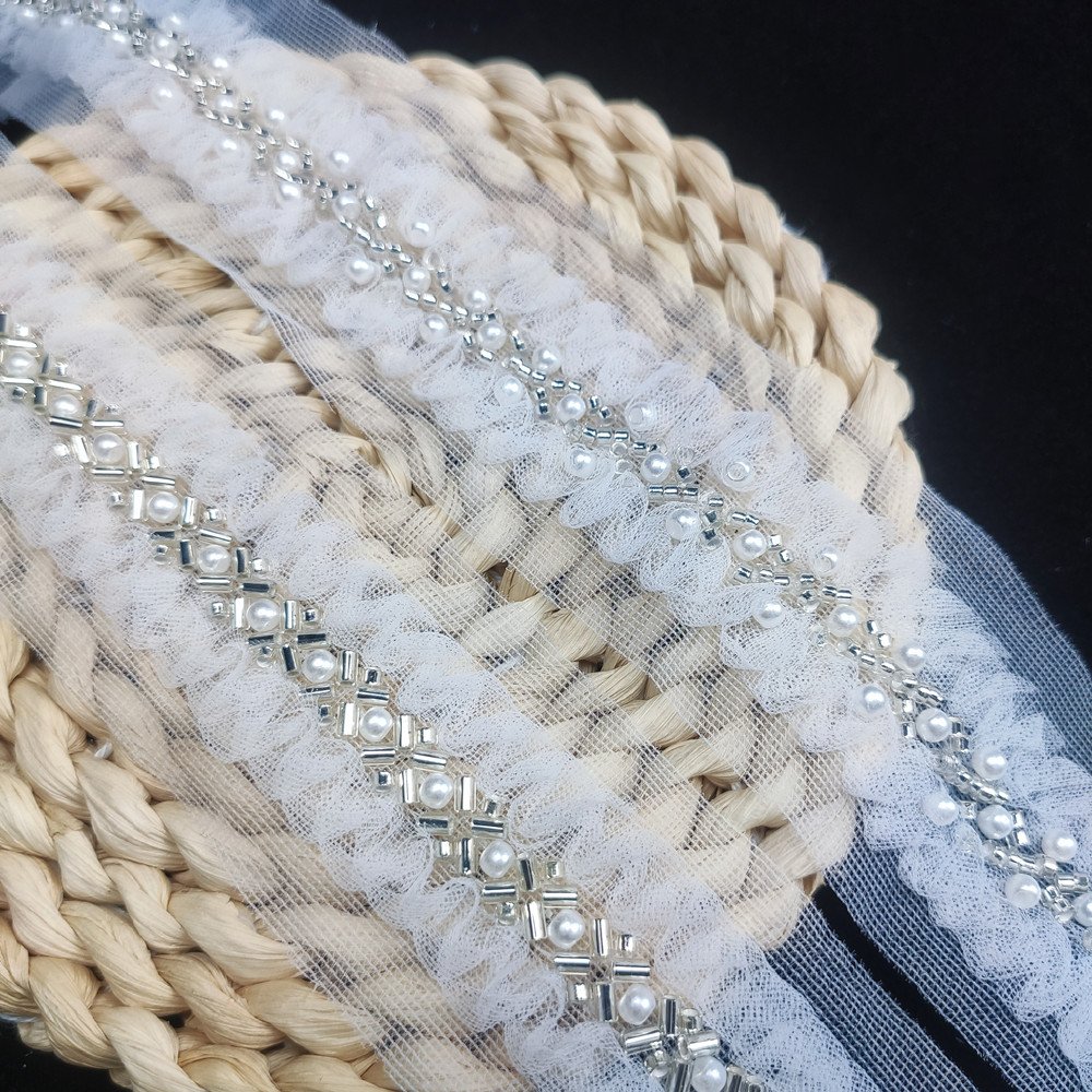 wholesale 3D white embroidery lace trim with Beads pearls Sewing tulle lace ribbon for wedding dresses Gown DIY decoration ZB100