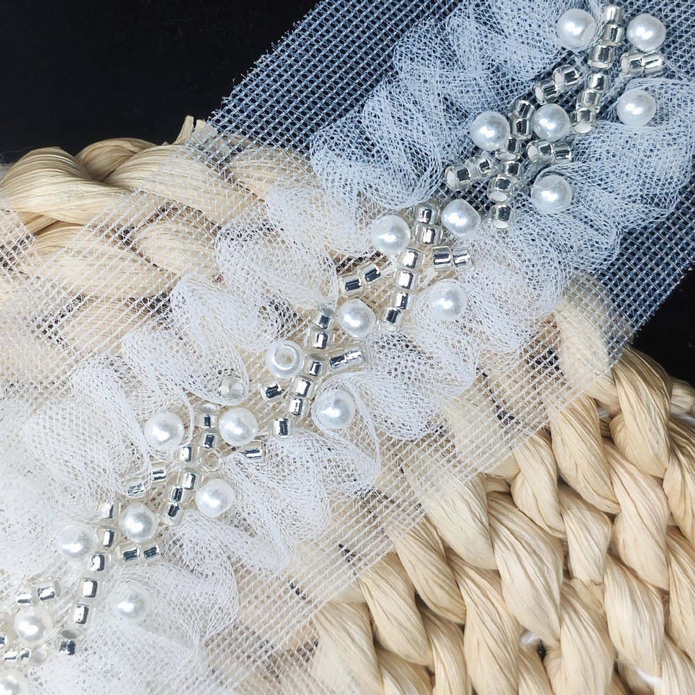 wholesale 3D white embroidery lace trim with Beads pearls Sewing tulle lace ribbon for wedding dresses Gown DIY decoration ZB100