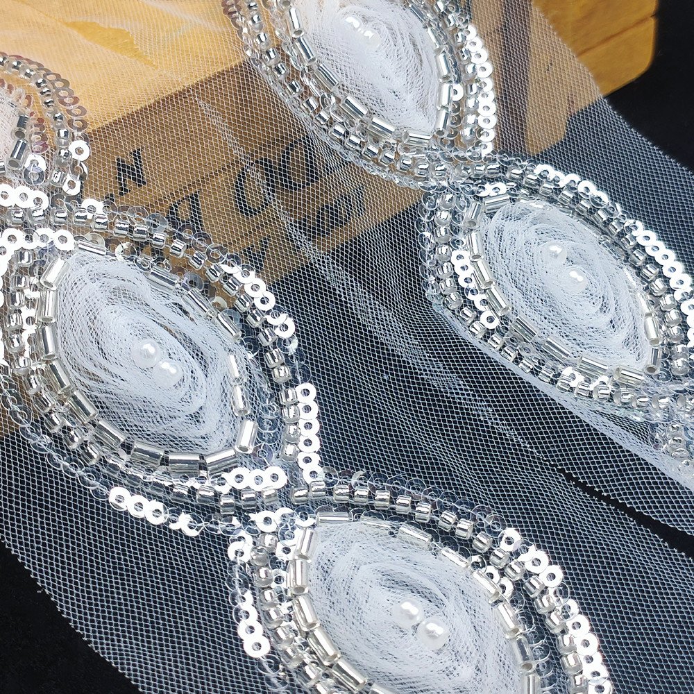 wholesale 3D white embroidery lace trim with Beads pearls Sewing tulle lace ribbon for wedding dresses Gown DIY decoration ZB100