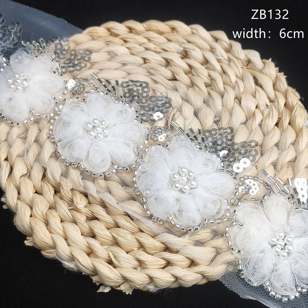 wholesale 3D white embroidery lace trim with Beads pearls Sewing tulle lace ribbon for wedding dresses Gown DIY decoration ZB100