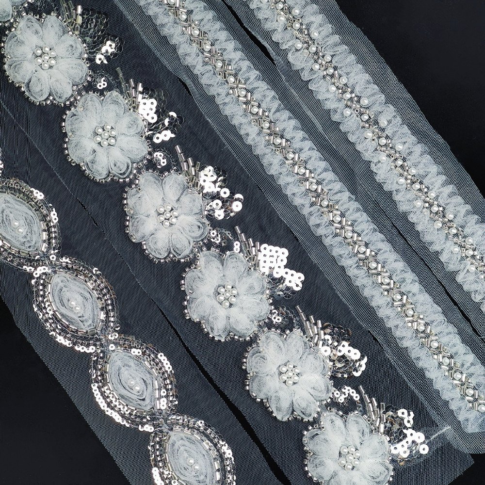wholesale 3D white embroidery lace trim with Beads pearls Sewing tulle lace ribbon for wedding dresses Gown DIY decoration ZB100
