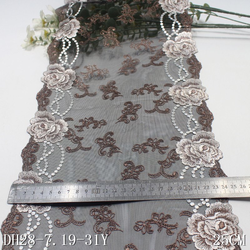 New Design black red Tulle Embroidered Lace Trim 25cm Voile Flower Embroidery Lace Fabric For Women Dress
