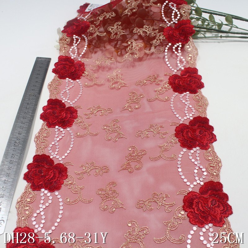 New Design black red Tulle Embroidered Lace Trim 25cm Voile Flower Embroidery Lace Fabric For Women Dress