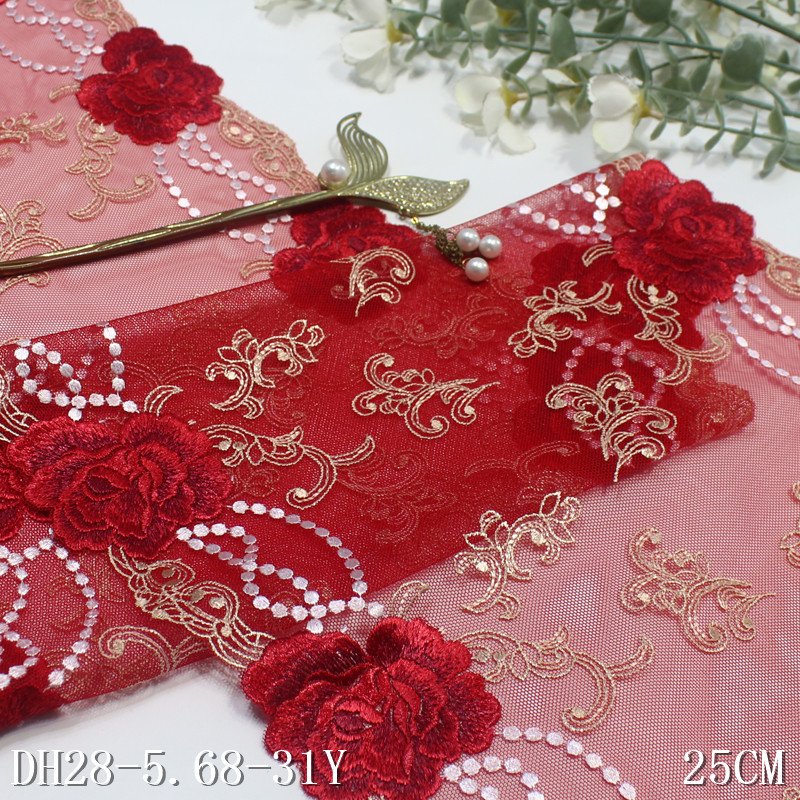 New Design black red Tulle Embroidered Lace Trim 25cm Voile Flower Embroidery Lace Fabric For Women Dress