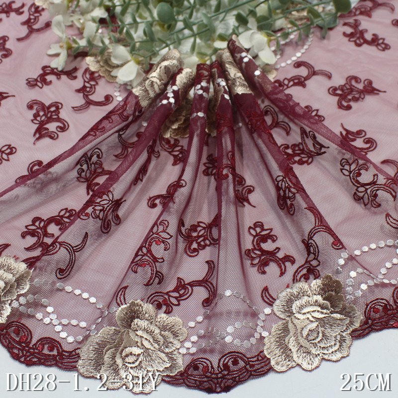 New Design black red Tulle Embroidered Lace Trim 25cm Voile Flower Embroidery Lace Fabric For Women Dress