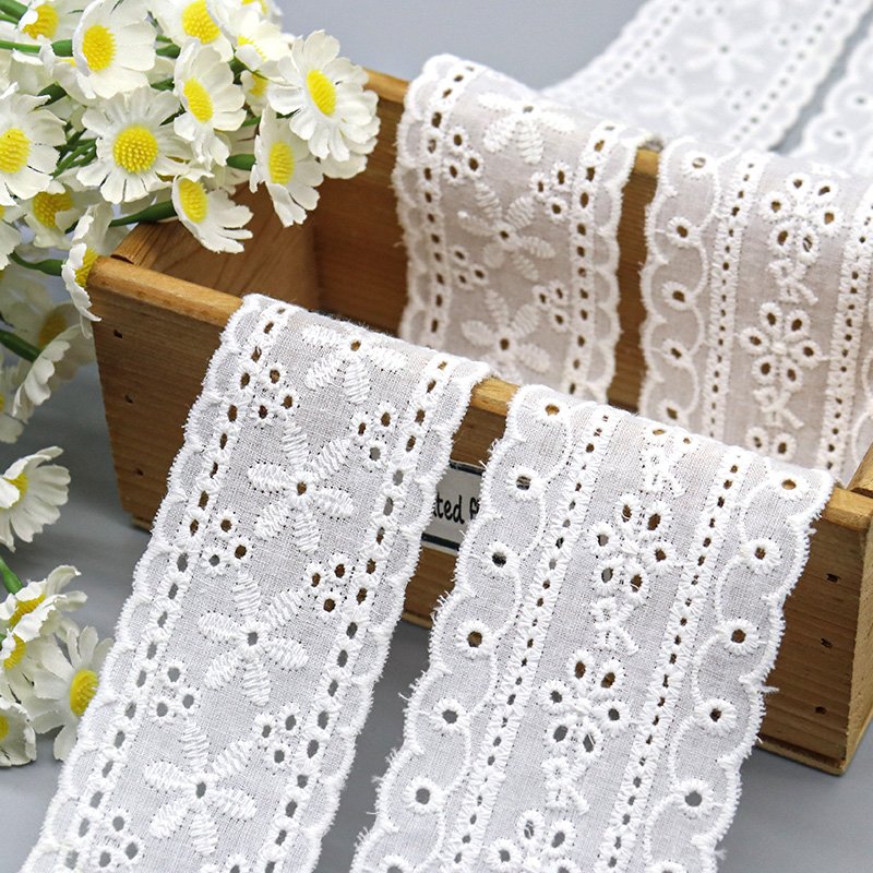 custom designer 100% cotton Embroidered Cotton Lace Trim Embroidery Fabric Lace Trim For Dress