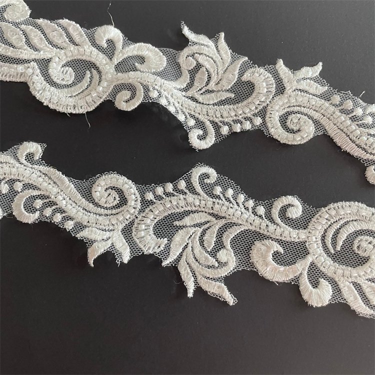 Wholesale Custom 6cm White Bridal Fancy Embroidery Lace Trim With Beads