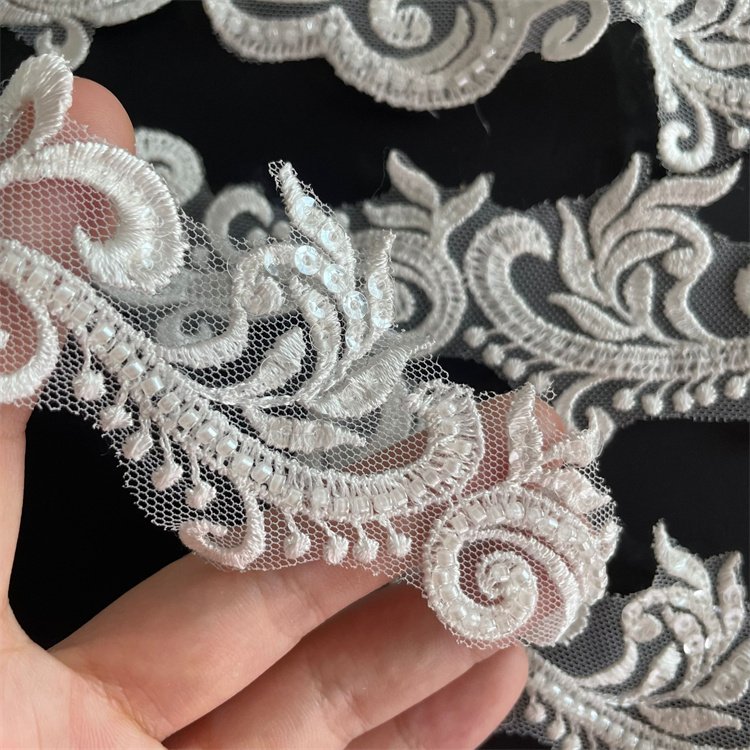 Wholesale Custom 6cm White Bridal Fancy Embroidery Lace Trim With Beads