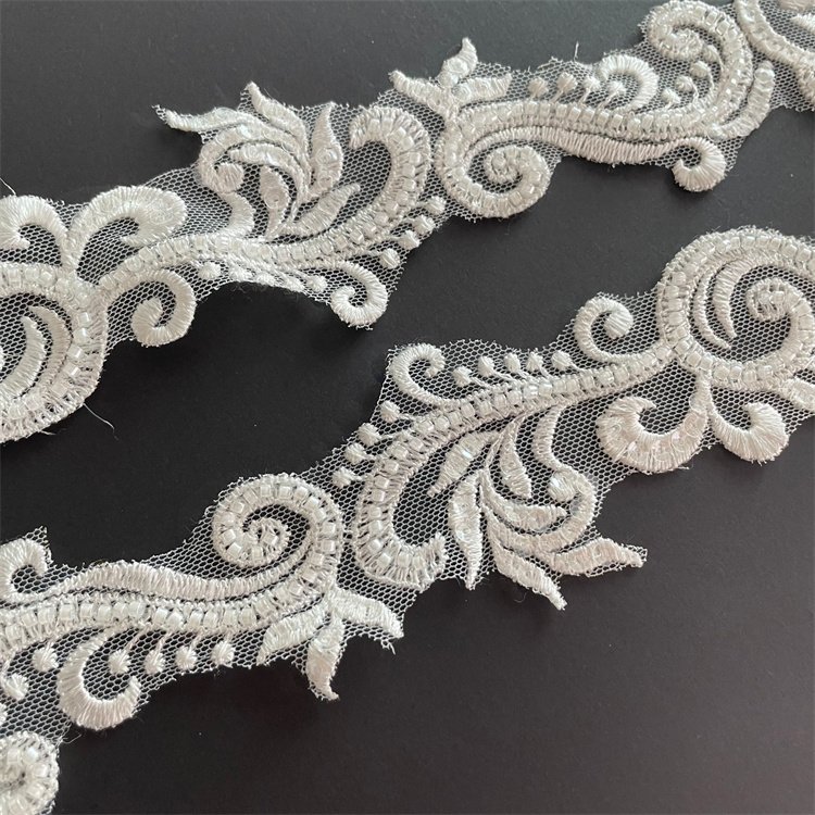 Wholesale Custom 6cm White Bridal Fancy Embroidery Lace Trim With Beads