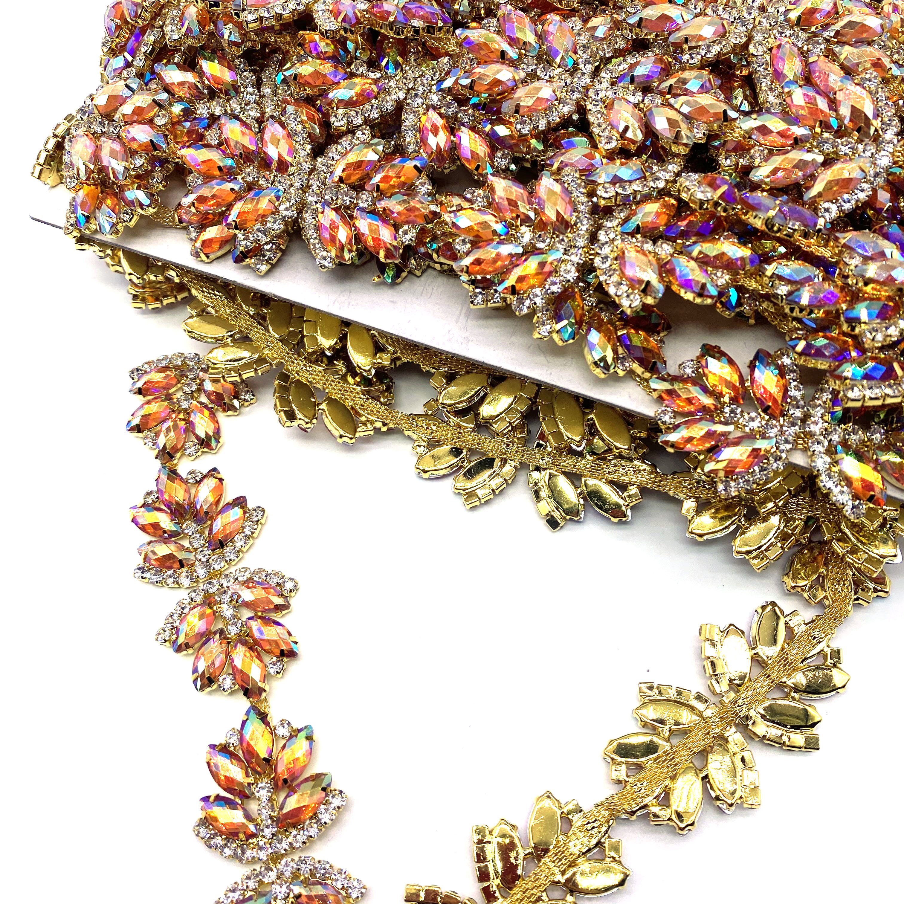 Custom AB Colors Resin Stones Rhinestone Chain Trimming with Fancy Designs for Garments Shoes Bags