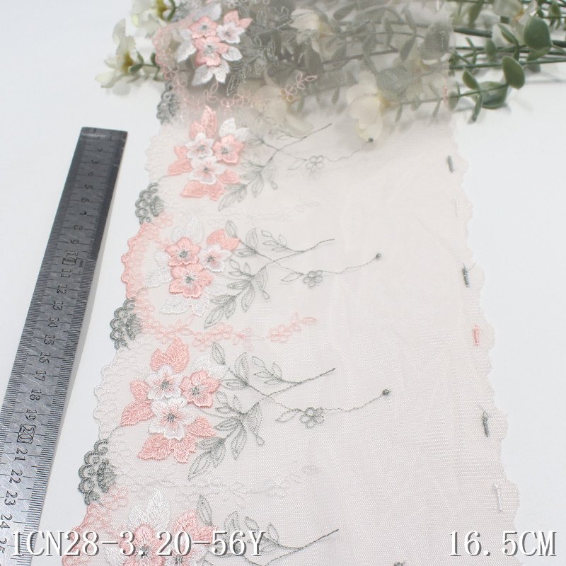 16cm Pink Tulle Embroidered Border Lace Trim Colorful Flower Embroidery net Lace Fabrics For Women Dress