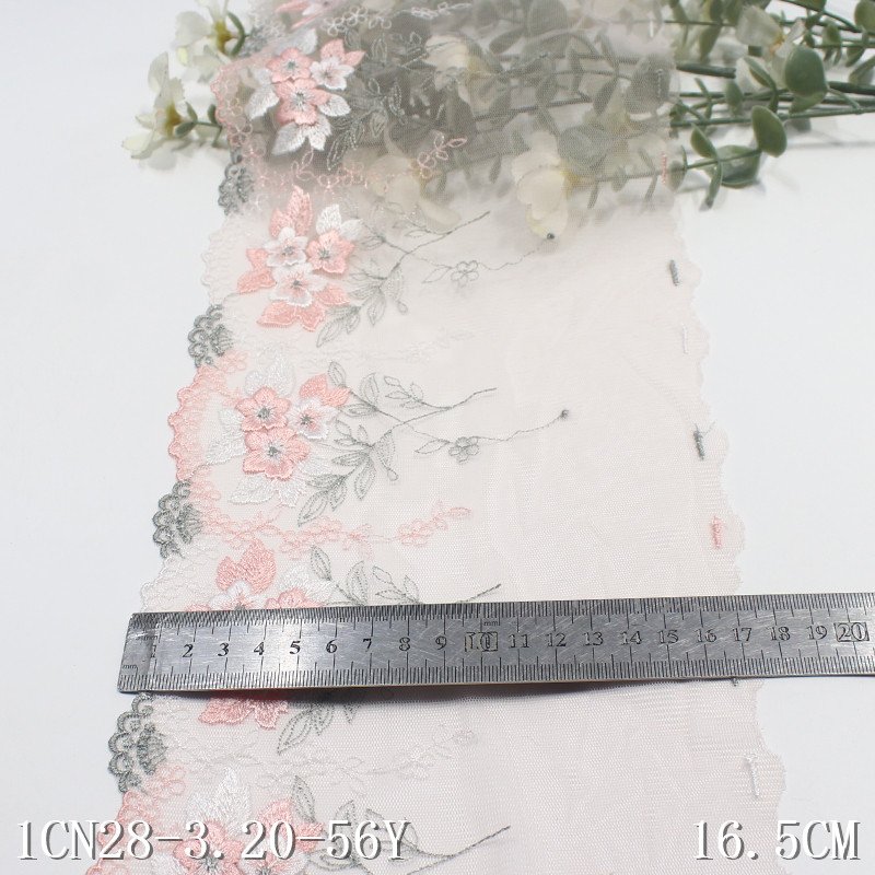 16cm Pink Tulle Embroidered Border Lace Trim Colorful Flower Embroidery net Lace Fabrics For Women Dress