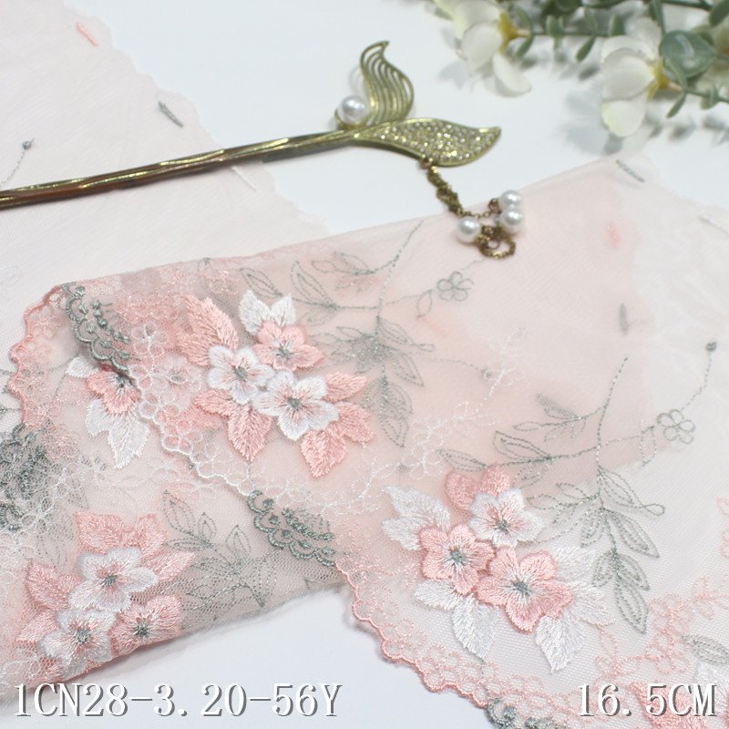 16cm Pink Tulle Embroidered Border Lace Trim Colorful Flower Embroidery net Lace Fabrics For Women Dress