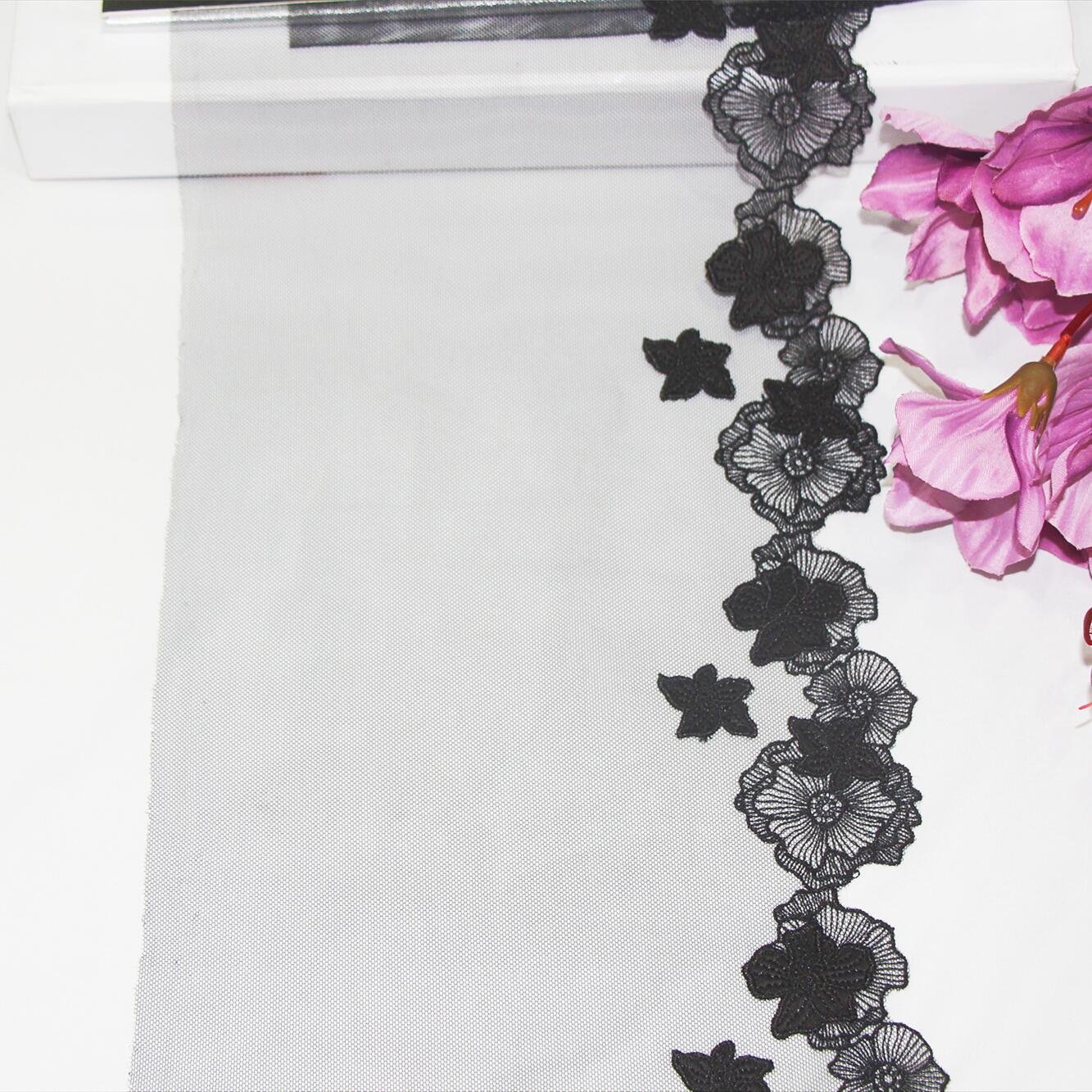 Elegent Quality 20CM Black Flower Mesh Embroidery Lace Tulle Embroidered Lace Trim Polyester Lace Fabric For Women Lingrerie
