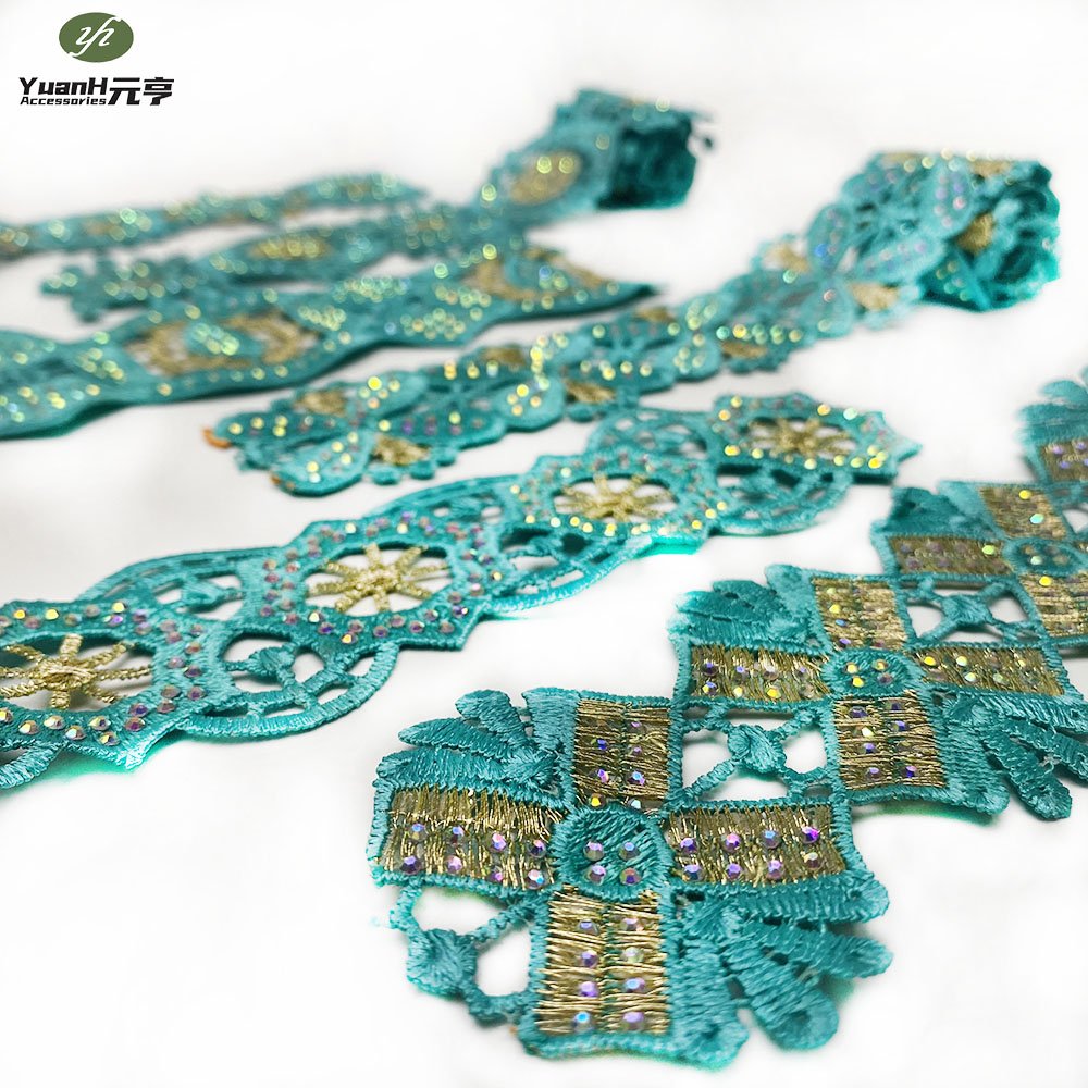 Factory price emeral 4.5cm DMC rhinestone guipure lace trim embroidery polyester trimming for DIY accessory