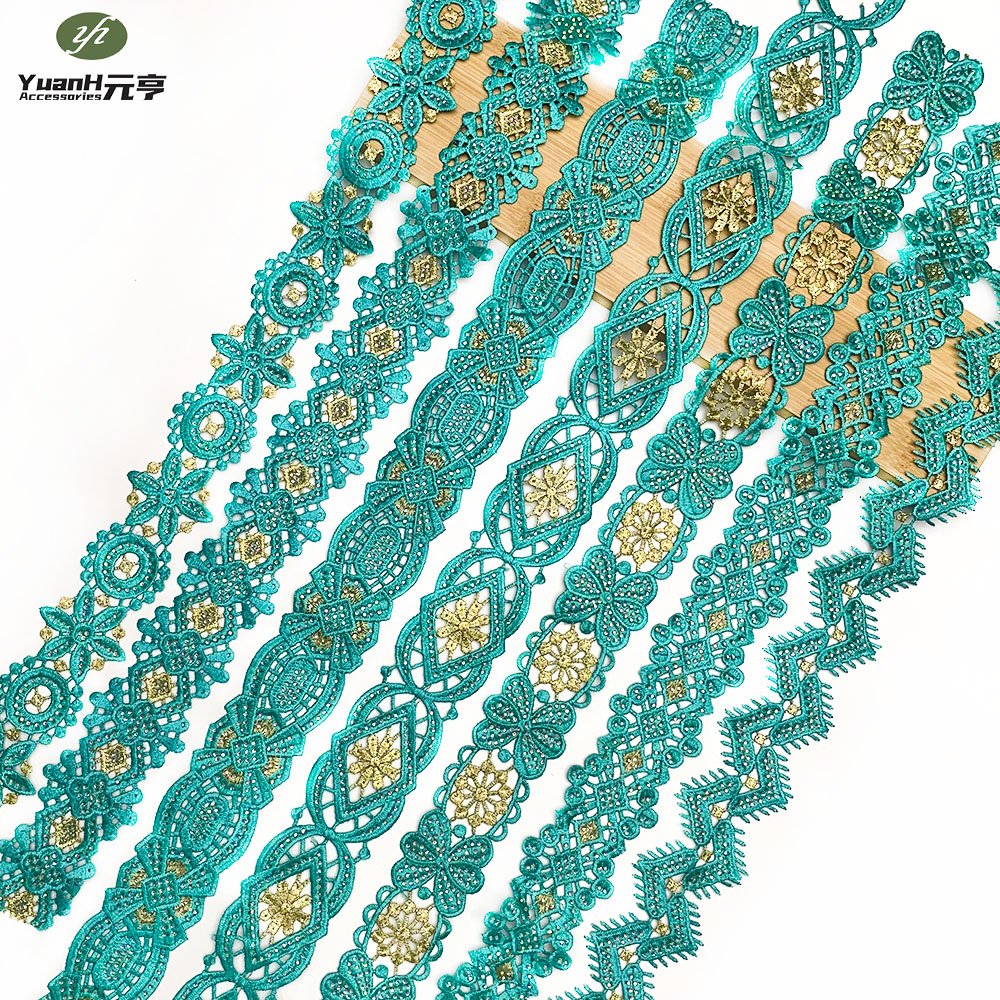 Factory price emeral 4.5cm DMC rhinestone guipure lace trim embroidery polyester trimming for DIY accessory