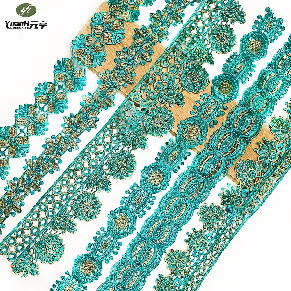 Factory price emeral 4.5cm DMC rhinestone guipure lace trim embroidery polyester trimming for DIY accessory