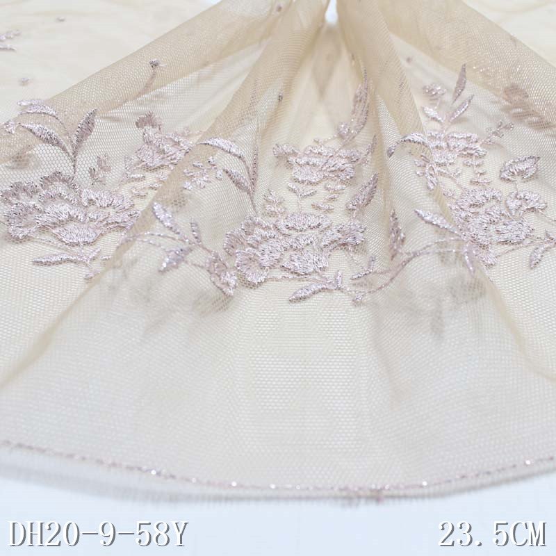 Fashion Light Brown Mesh Fabric Polyester Embroidery Lace Trim with Fancy Flowers