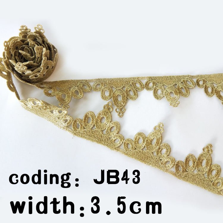 High Quality Lace Trim Bridal Ornament Gold Embroidery Ribbon Polyester Decorative Lace JB42