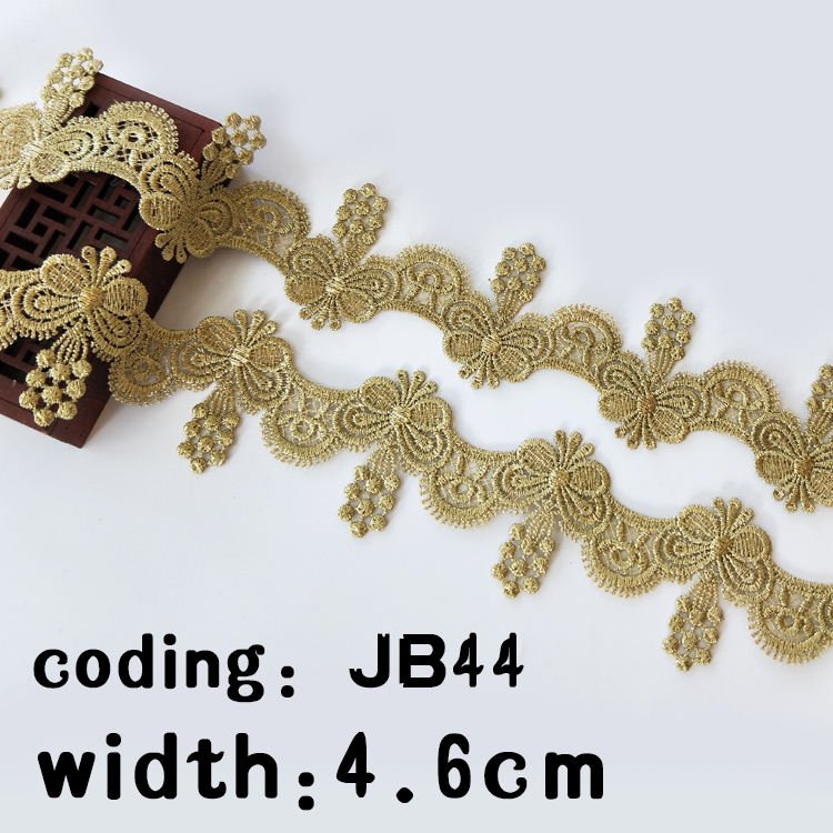 High Quality Lace Trim Bridal Ornament Gold Embroidery Ribbon Polyester Decorative Lace JB42