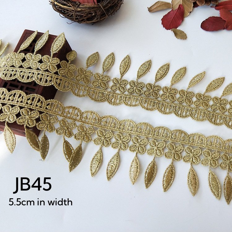 High Quality Lace Trim Bridal Ornament Gold Embroidery Ribbon Polyester Decorative Lace JB42