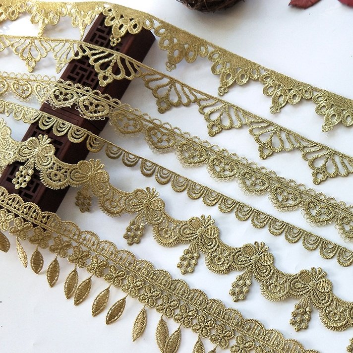 High Quality Lace Trim Bridal Ornament Gold Embroidery Ribbon Polyester Decorative Lace JB42