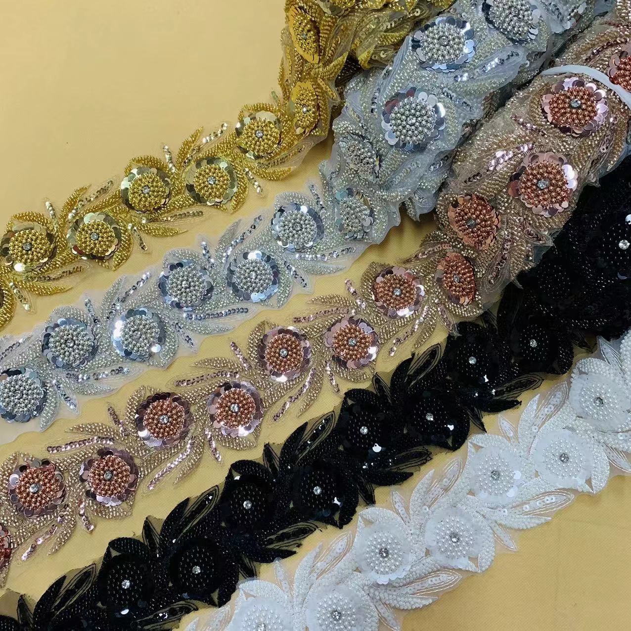 ZSY Exquisite Rose Gold Floral rhinestone sequin seed bead lace applique Rose pattern Beaded Lace Trim for Bridal dress