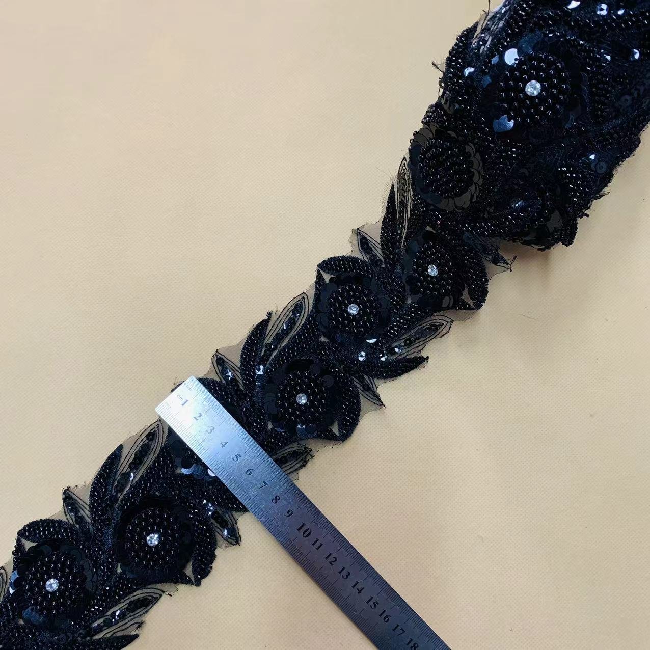 ZSY Exquisite Rose Gold Floral rhinestone sequin seed bead lace applique Rose pattern Beaded Lace Trim for Bridal dress